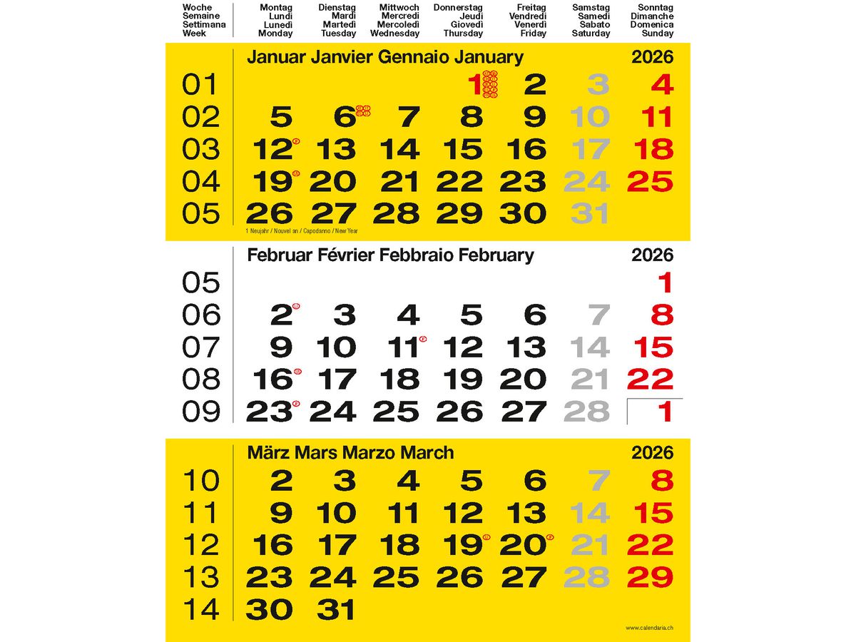 CALENDARIA 3-Monats-Wandkalender 2026 9783036205502 gelb 31x40cm (9783036205502)