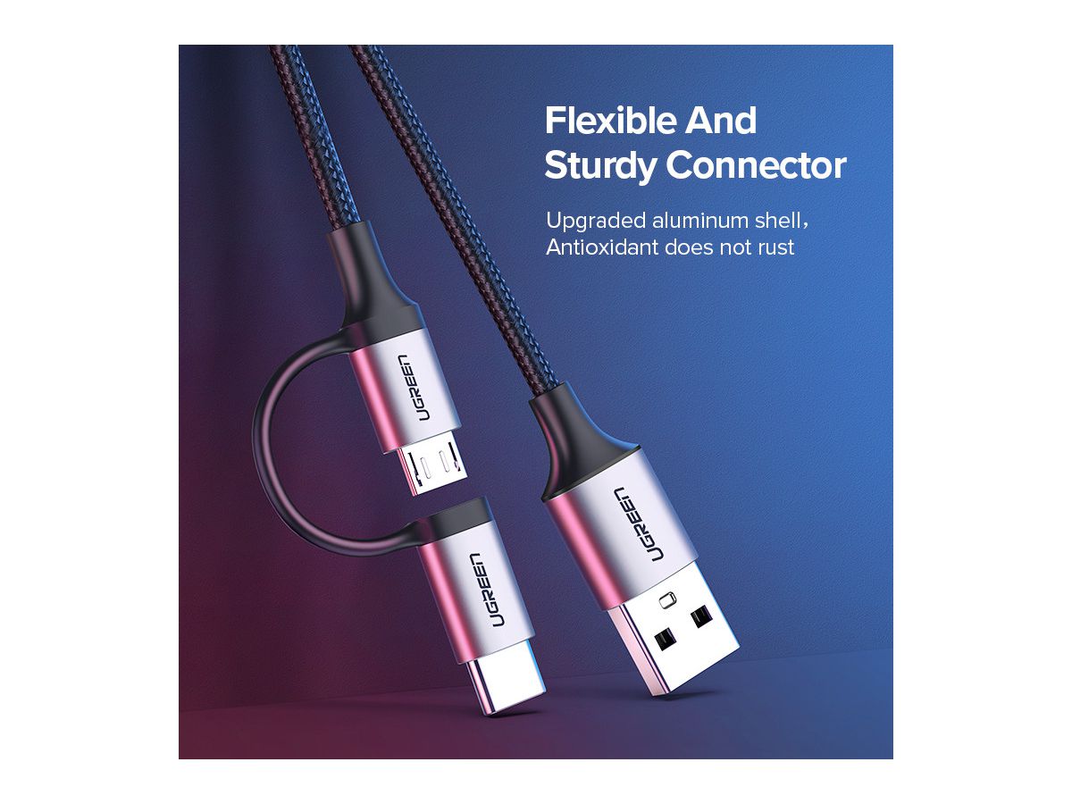 UGREEN Cable USB-A-MicroUSB+USB-C 30875 1m, Black (6957303838752)