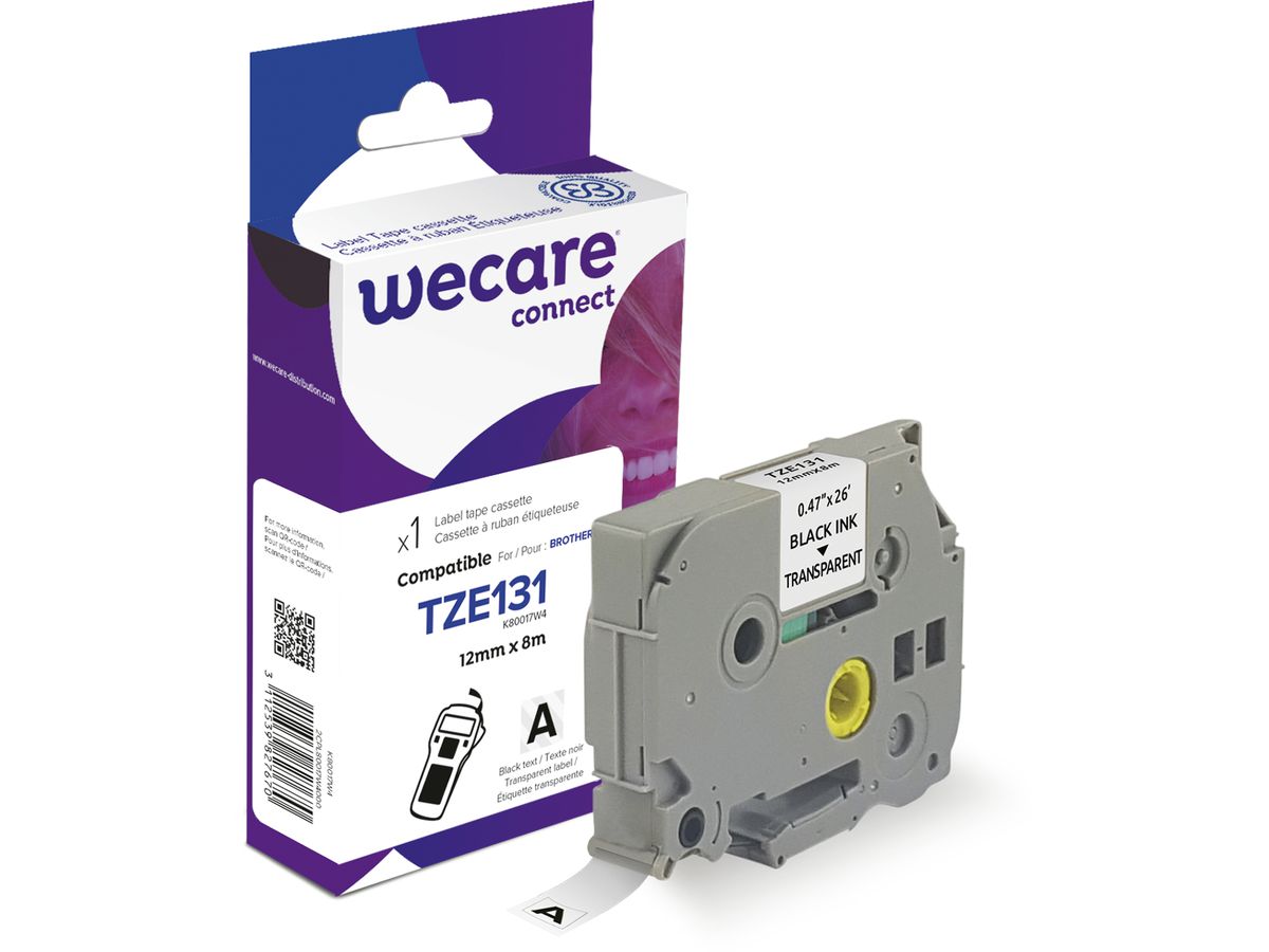 WECARE Ruban, laminé noir/transp. TZe-131WE rempl. Ptouch Tze-131 12mm (3112539827670)