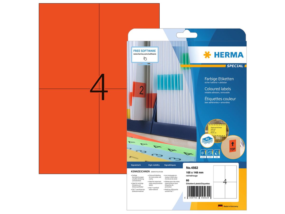 HERMA Etiketten SPECIAL 105x148mm 4562 rot,non-perm. 80 St./20 Bl. (4008705045629)
