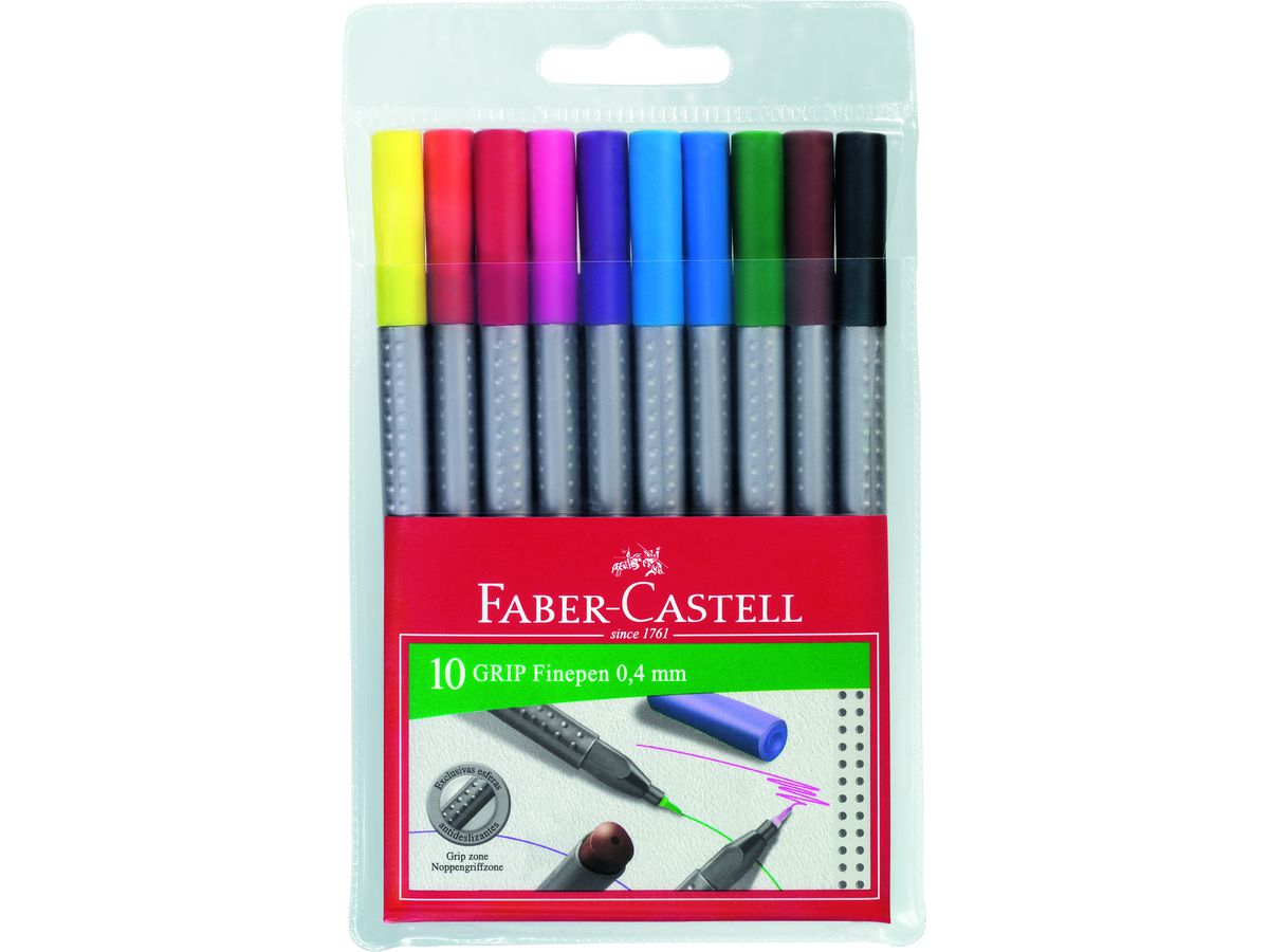 FABER-CASTELL Grip Finepen 0,4mm 151610 10 couleurs, étui (4005401516101)
