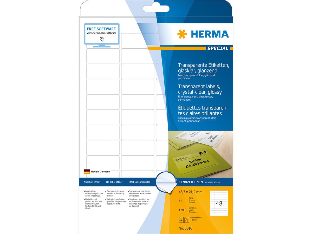 HERMA Étiquettes PP 45,7x21,2mm 8016 transparent 1200 pcs/25 flls. (4008705080163)