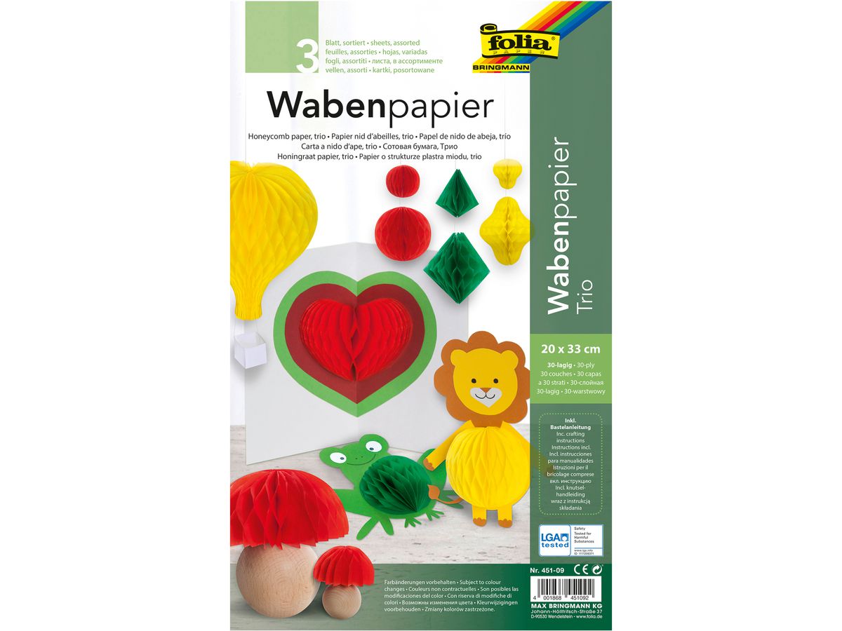 FOLIA Wabenpapier Regenbogen 451-09 3 Blatt, farbig (4001868451092)