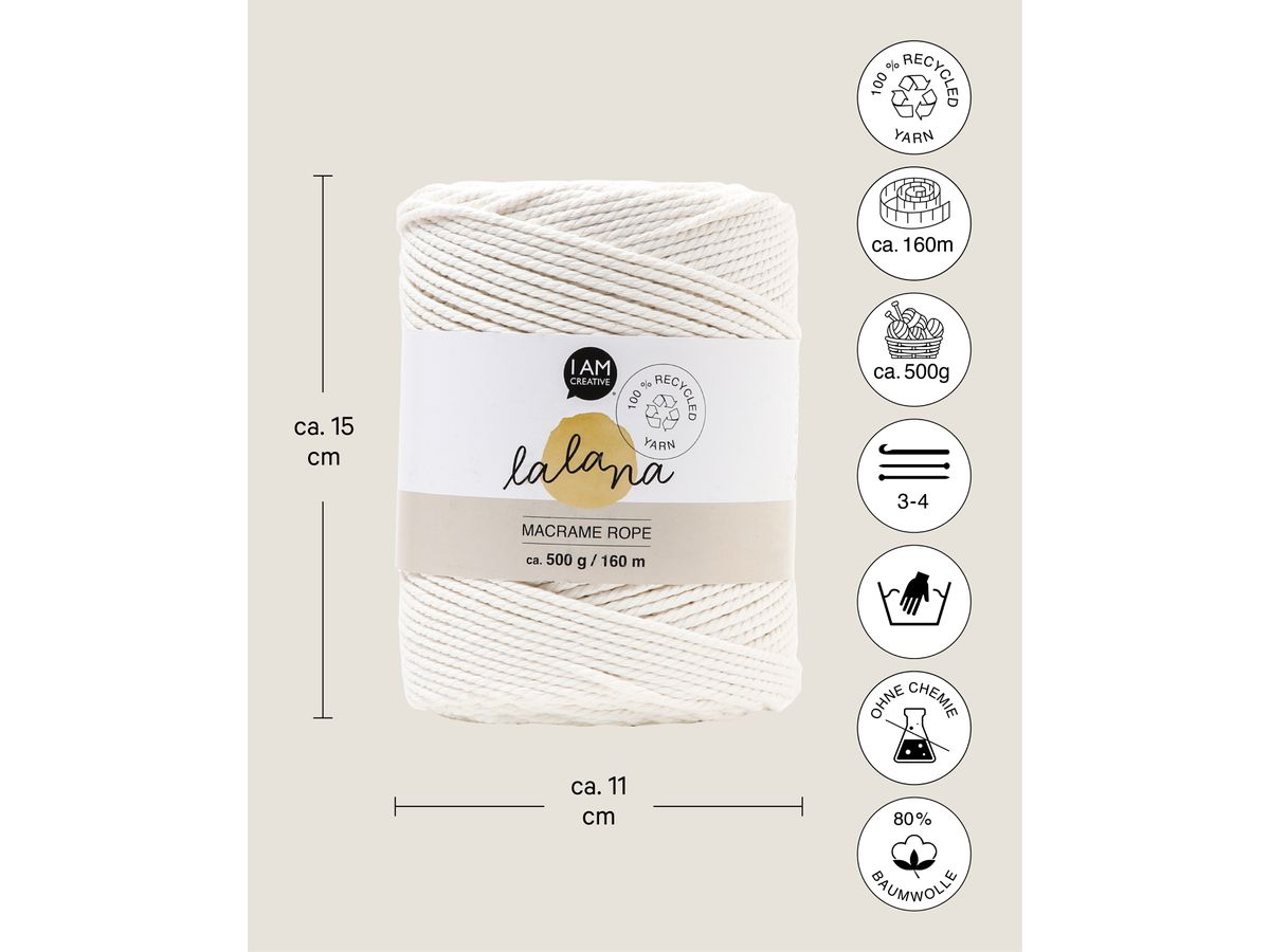 I AM CREATIVE Macrame Rope 6203.02 cream 2mm, 500g (7640415812176)
