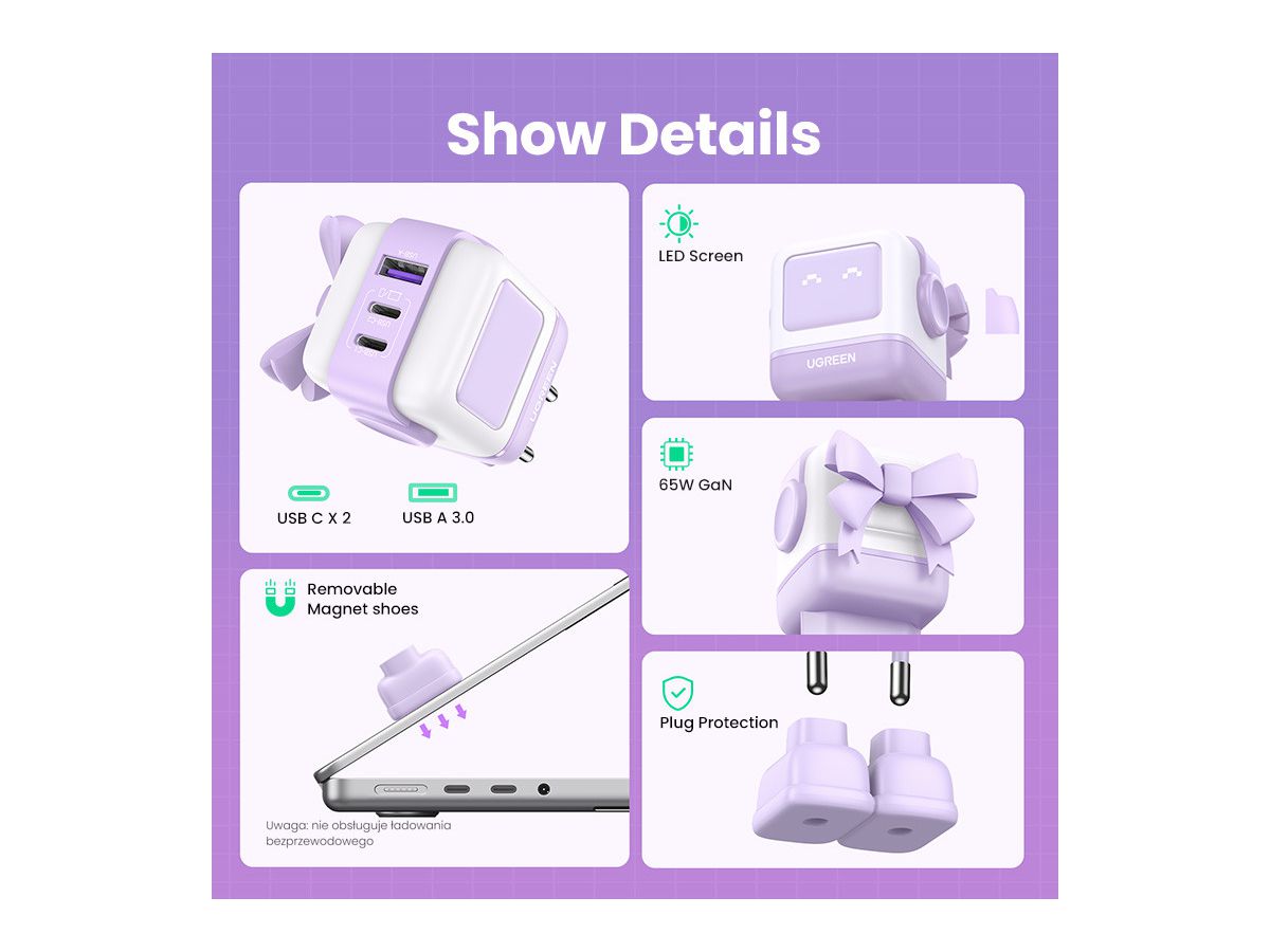 UGREEN Nexode RG 65W 3-Port GaN 35291 2x USB-C,1xUSB-A, Purple (6941876232918)