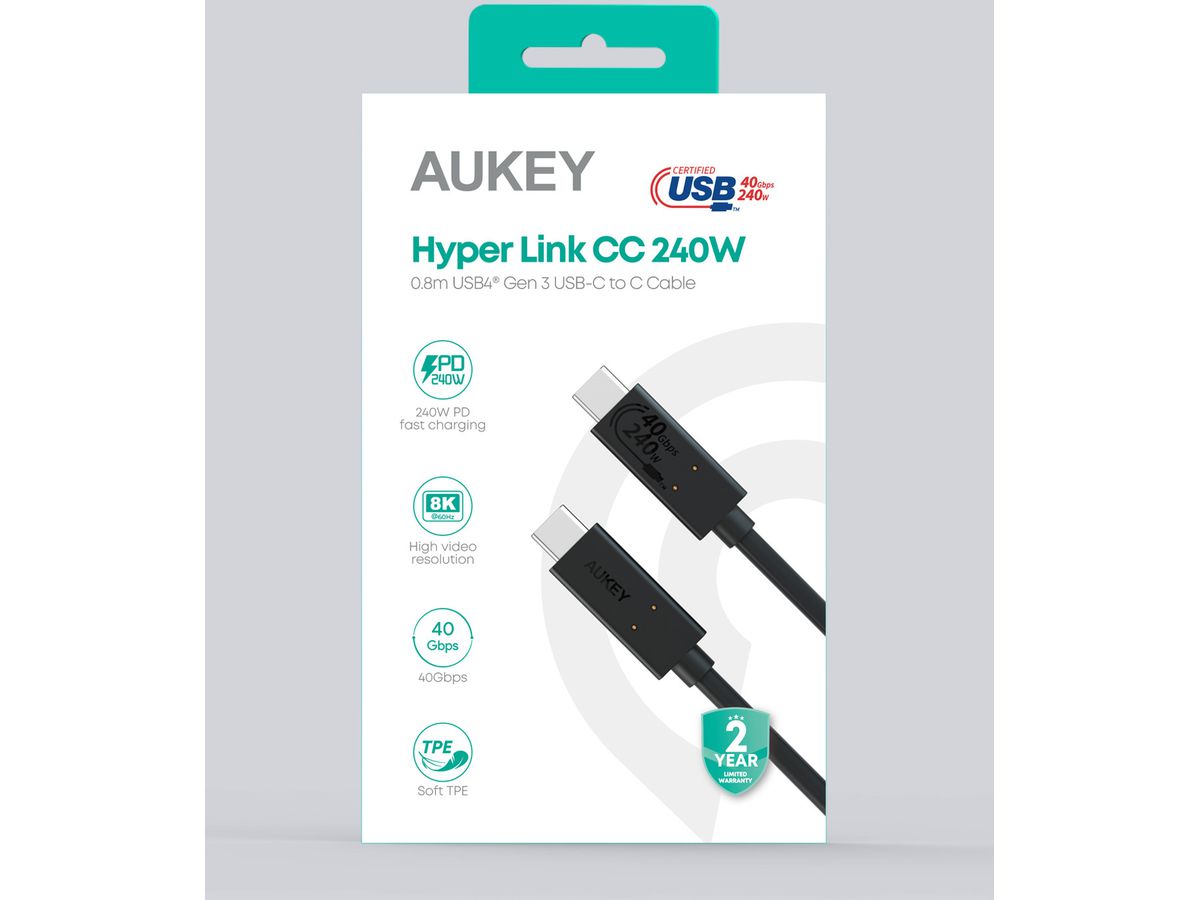AUKEY Hyper Link Cable C to C USB4 CB-TCC241 Gen2, 0.8m, 240W (0689323787456)