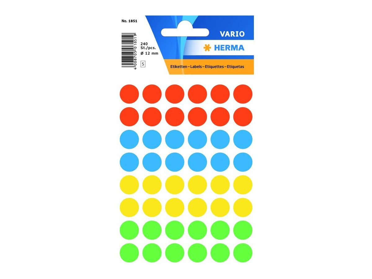HERMA Markierungspunkte 13mm 1851 farbig ass. 240 Stück (4008705018517)