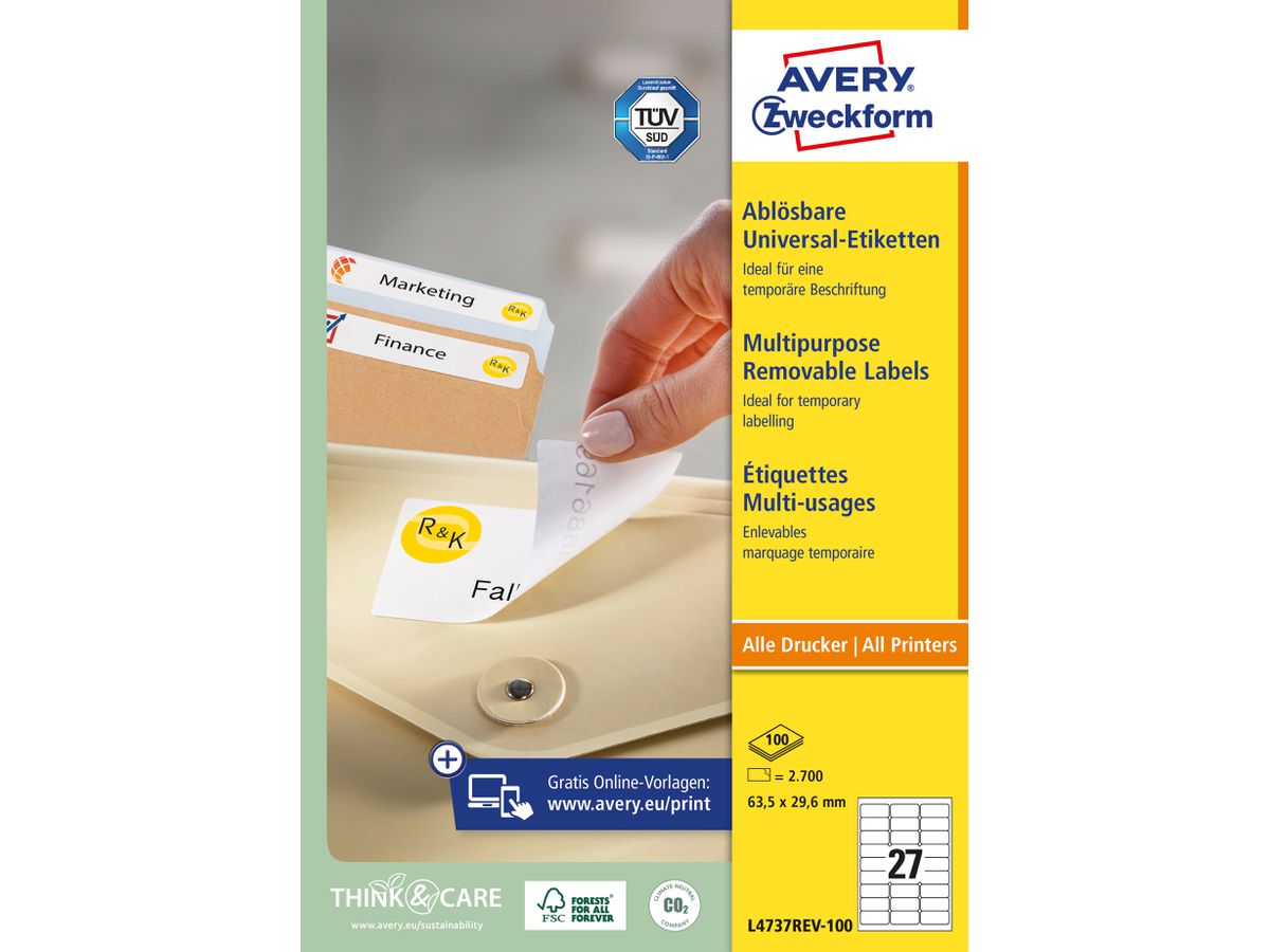 AVERY ZWECKFORM Étiquett.univers. 63,5x29,6mm L4737REV-100 blanc,non-perm. 2700p./100fl. (4004182433300)