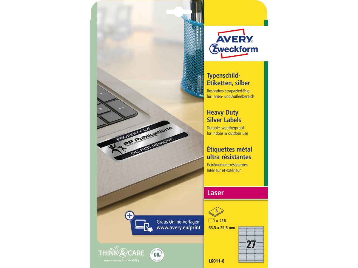 AVERY ZWECKFORM Typenschild-Labels 63,5x29,6mm L6011-8 silber 216 Stück/8 Blatt (4004182076125)