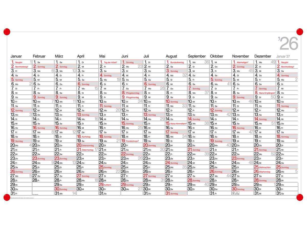 BÜHNER Pianificatore annuale DE 2026 PO13-CH-R-FS 13M 139x79cm (4260256370265)