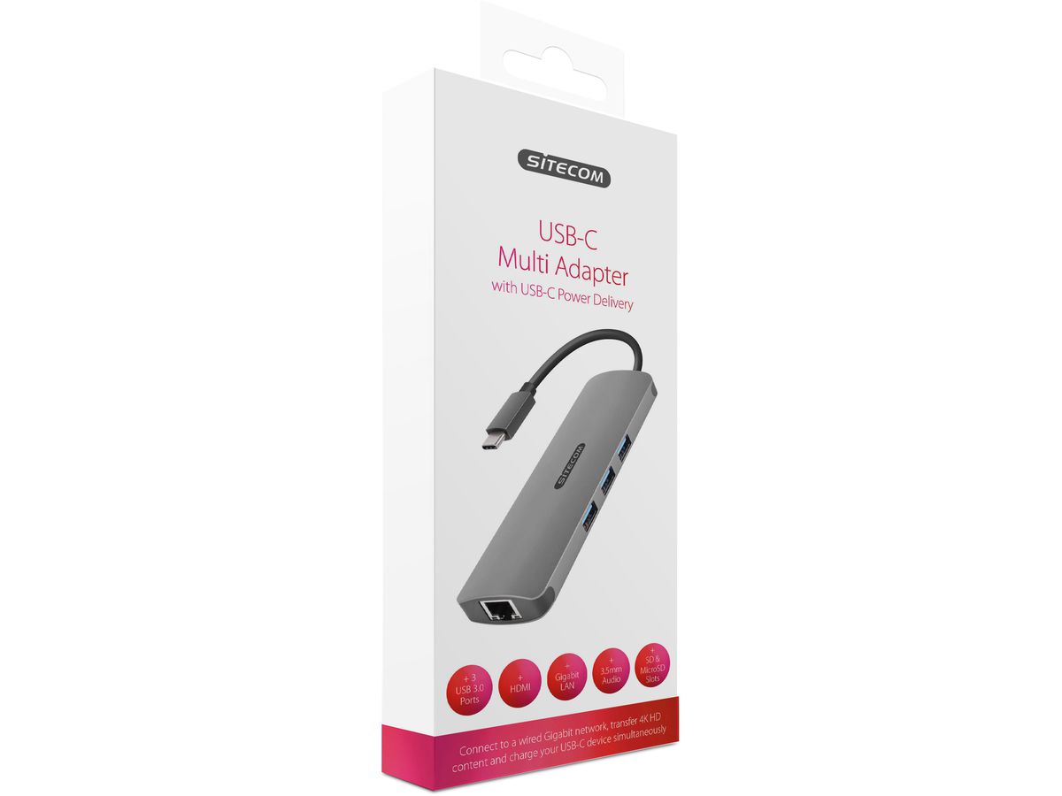 SITECOM USB-C Multi-Port Hub HDMI,LAN CN-382 3x USB-A, 4K, SD, mSD USB-C PD (8716502030576)