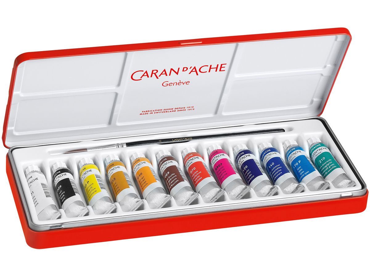 CARAN D'ACHE Deckfarbe Gouache 2001.312 12 Tuben Metallbox, Pinsel (7630002306157)