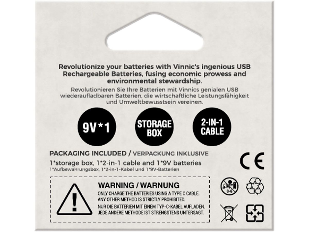 VINNIC USB Rech. Batt. 9V Type-C VPRB-UC9V-1PC 550mAh,Case,1pcs. (4898338020410)