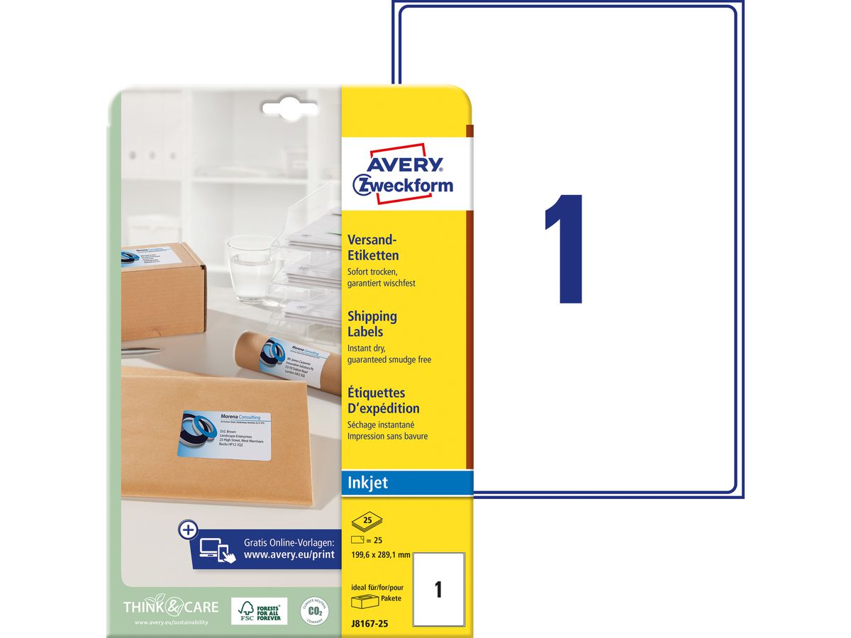 AVERY ZWECKFORM Etiquettes adr. 199,6x289,1mm J8167-25 blanc 25 pcs. (4004182047958)