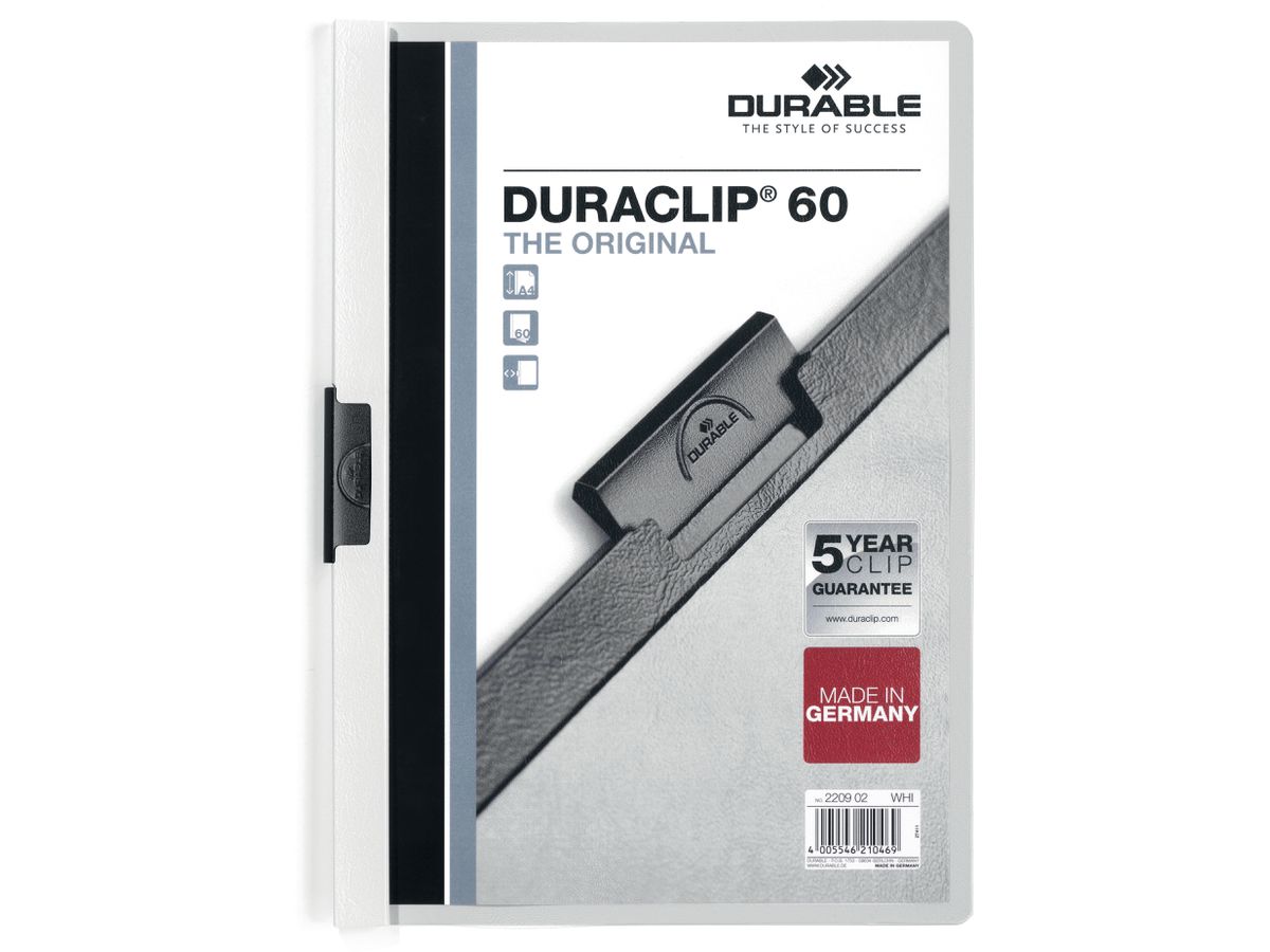 DURABLE Classeur à pince DURACLIP 60 220902 pour 60 feuilles A4 blanc (4005546210469)