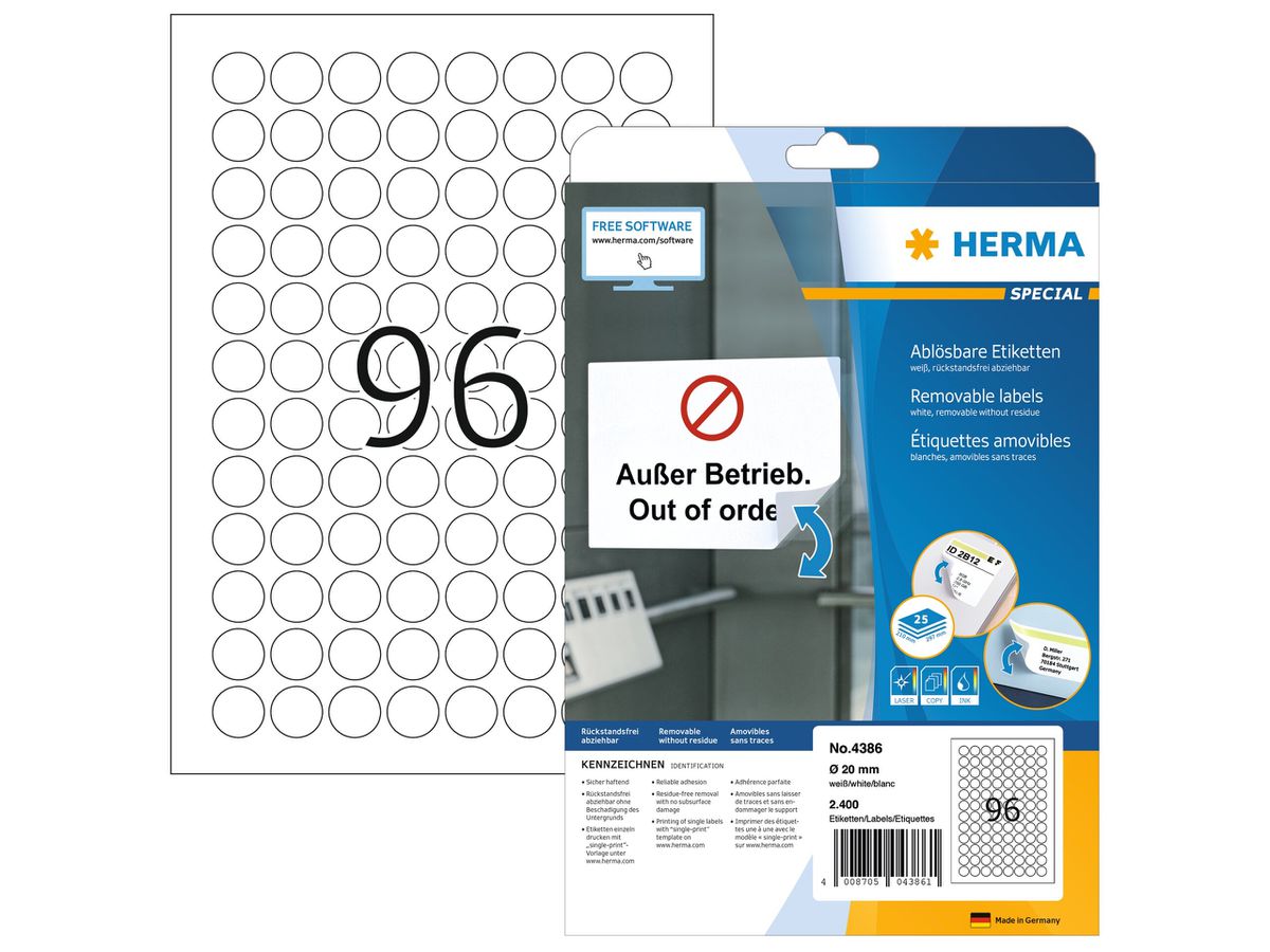 HERMA Etiquettes Amovibles 20mm 4386 blanc, non perm. 2400 pcs. (4008705043861)