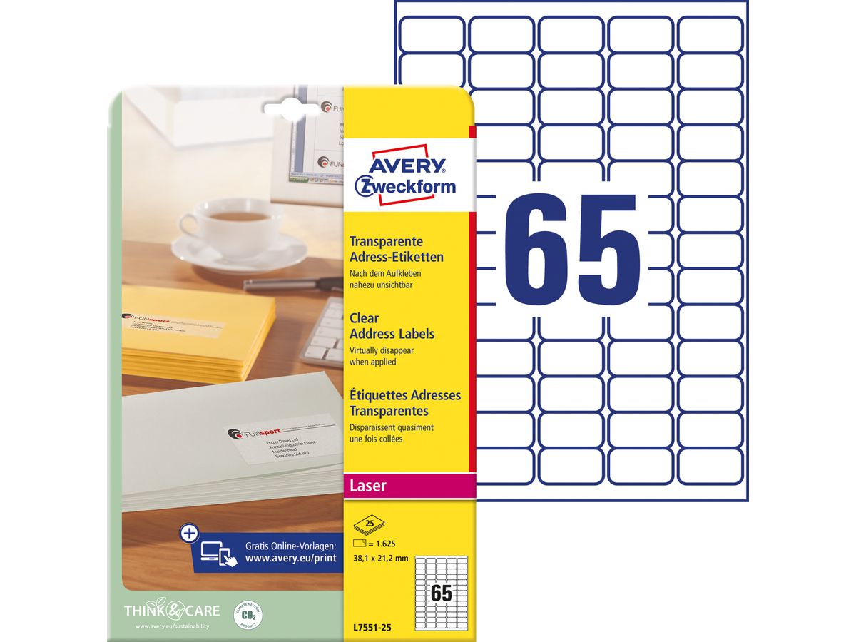 AVERY ZWECKFORM Etiquettes Laser 38x21,2mm L7551-25 transparent 1625 pcs./25 flls. (4004182967454)
