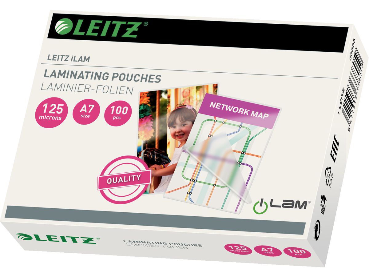 LEITZ Pochettes à plastifier A7 33805 brillant, 125my 100 pcs. (5411313338059)