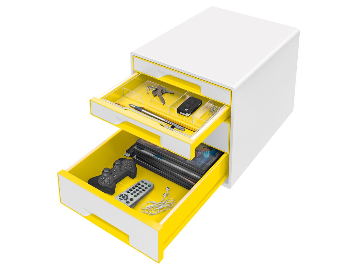 LEITZ Schubladenbox WOW Cube A4 5213-20-16 weiss/gelb, 4 Schubladen (4002432121601)