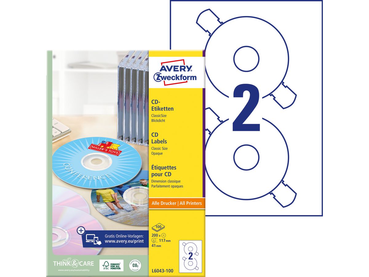 AVERY ZWECKFORM CD-Etichette Classic 117mm L6043-100 ILK A4, bianco 100fogl./2pezzi (4004182036549)