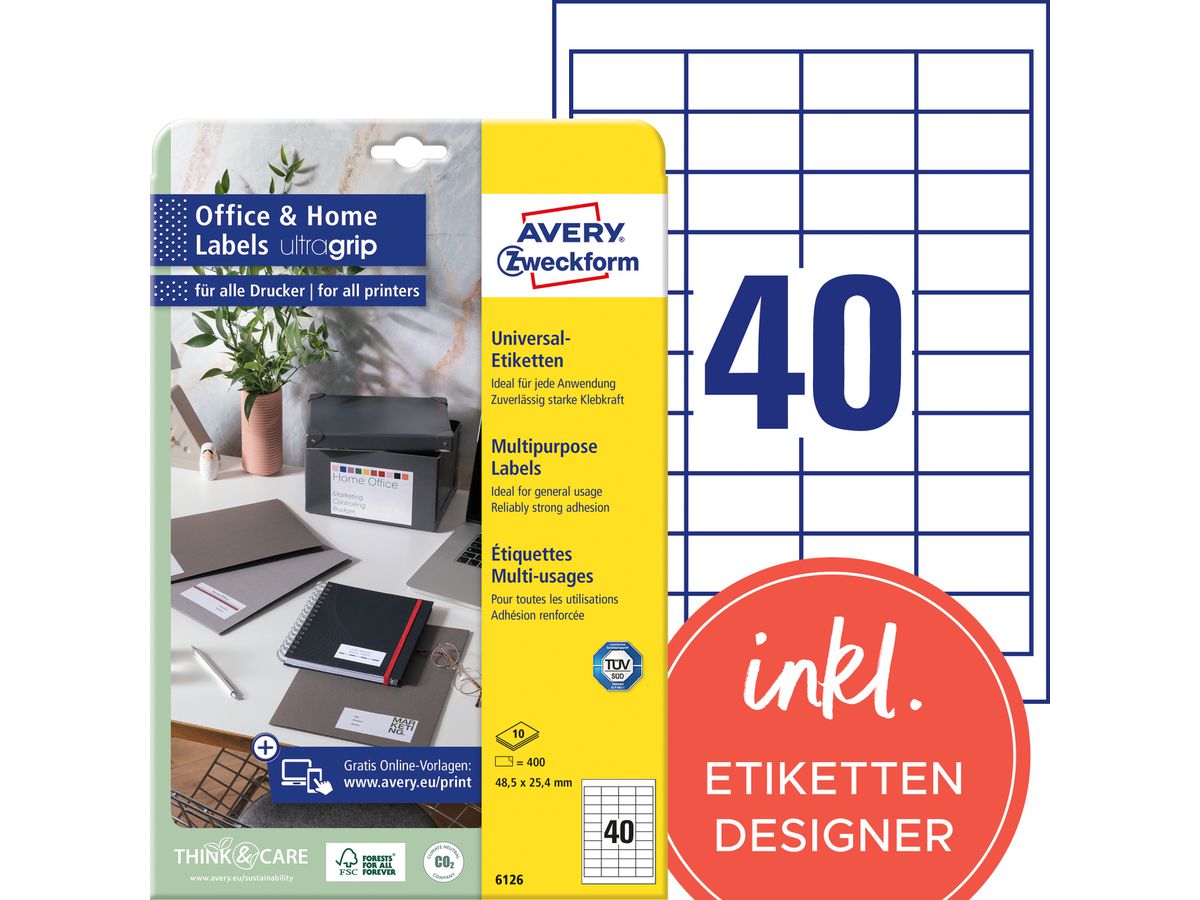 AVERY ZWECKFORM Etiquettes 48,5x25,4mm 6126 blanc 400 pcs./10 flls. (4004182061268)