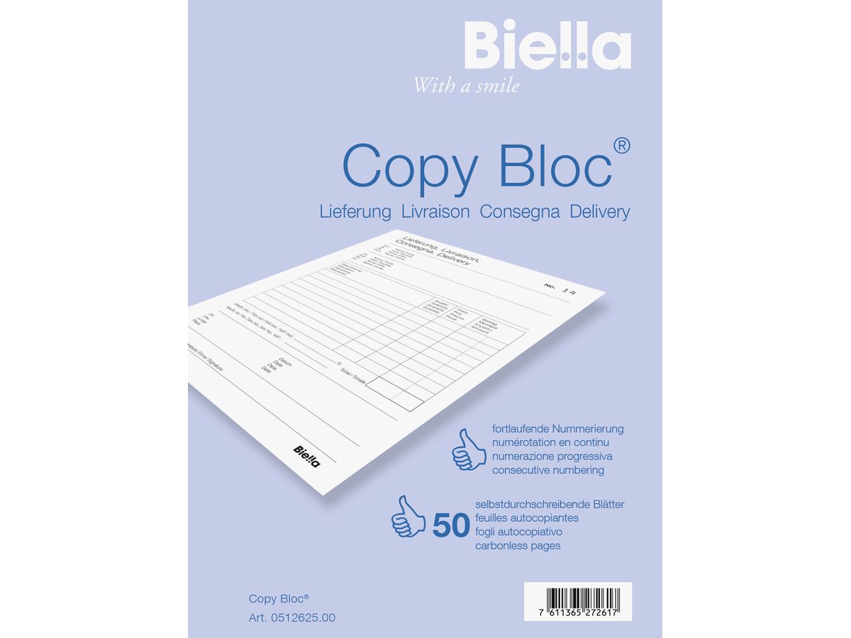 BIELLA Bul.livr. COPY-BLOC D/F/I/E A6 51262500U autocopiante 50x2 feuilles (7611365272617)