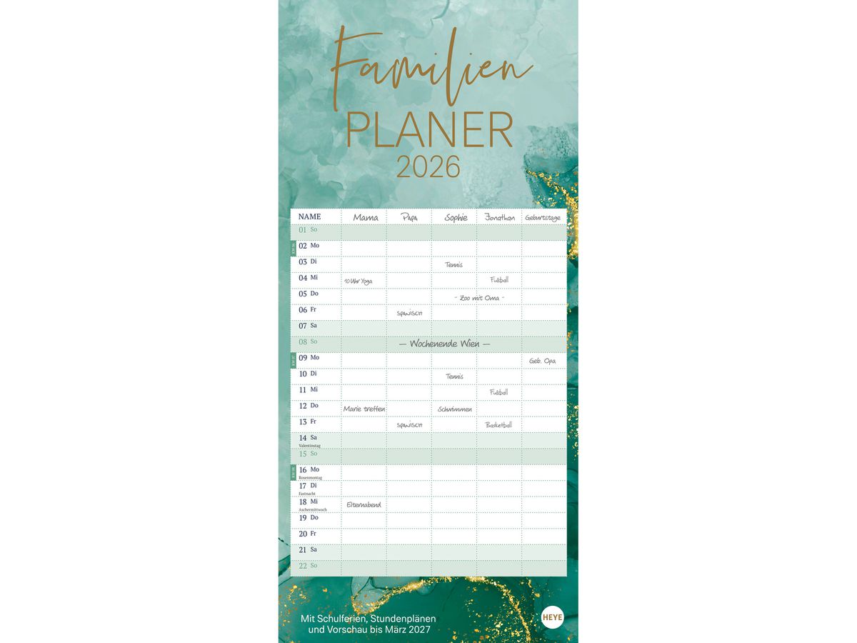 HEYE Familienplaner Watercolor 2026 23447+26 1M/1S DE 5 Spalten 21x45cm (9783756412013)