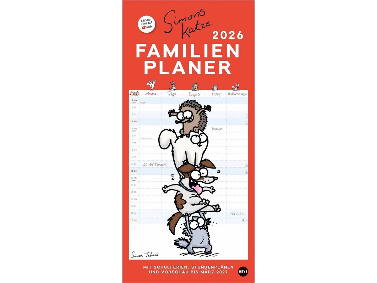 HEYE Familienplaner 2026 23015+26 Simons Katze DE 21x45cm (9783756411481)