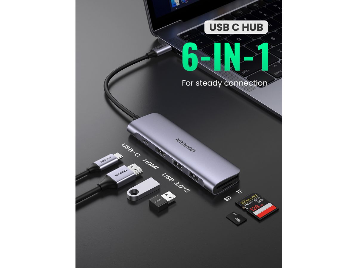 UGREEN USB-C Hub 6in1, Silver 70411 HDMI,2xUSB-A,SD TF,USB-C PD (6957303874118)