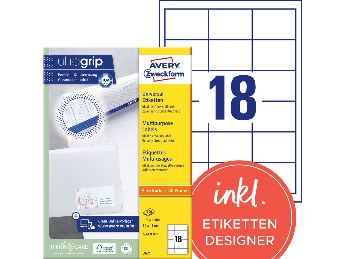 AVERY ZWECKFORM Etichette 64x45mm 3671 bianco 1800 pz./100 fogli (4004182036716)
