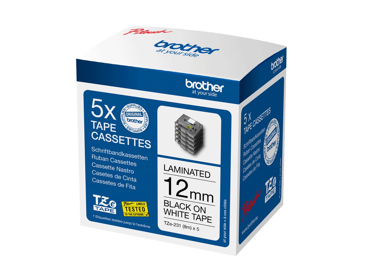 PTOUCH Ruban, laminé noir/blanc TZe-231M5 PT-1280VP lot de 5 12 mm (4977766802796)