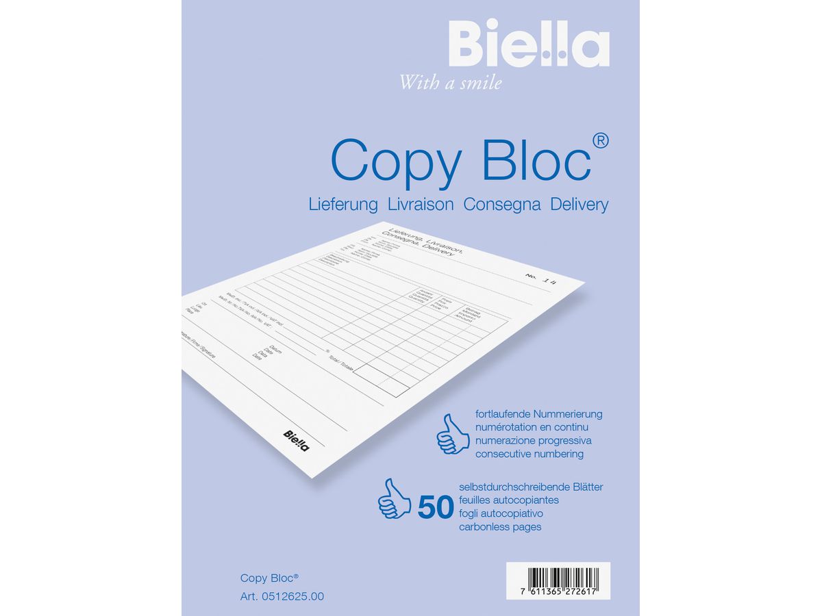 BIELLA Bul.livr. COPY-BLOC D/F/I/E A6 51262500U autocopiante 50x2 feuilles (7611365272617)