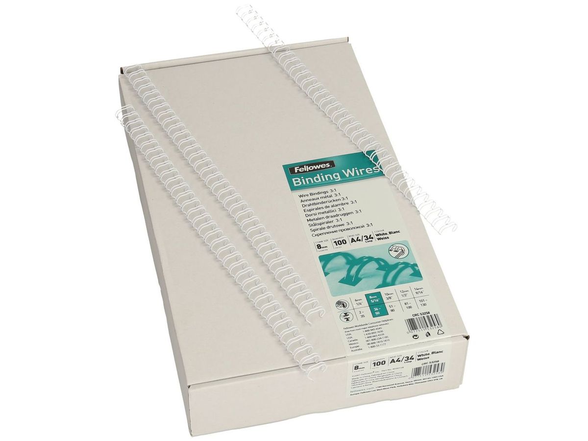FELLOWES Drahtbinderücken 8mm 53258 weiss 100 Stück (0077511532580)