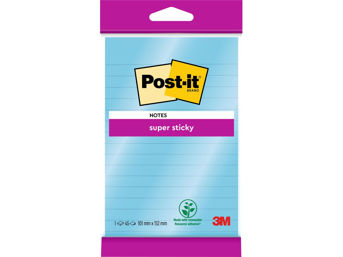 POST-IT Blocco Super Sticky 102x152mm 6844L-NB blu chiaro, 45 fogli, rigato (4046719287611)