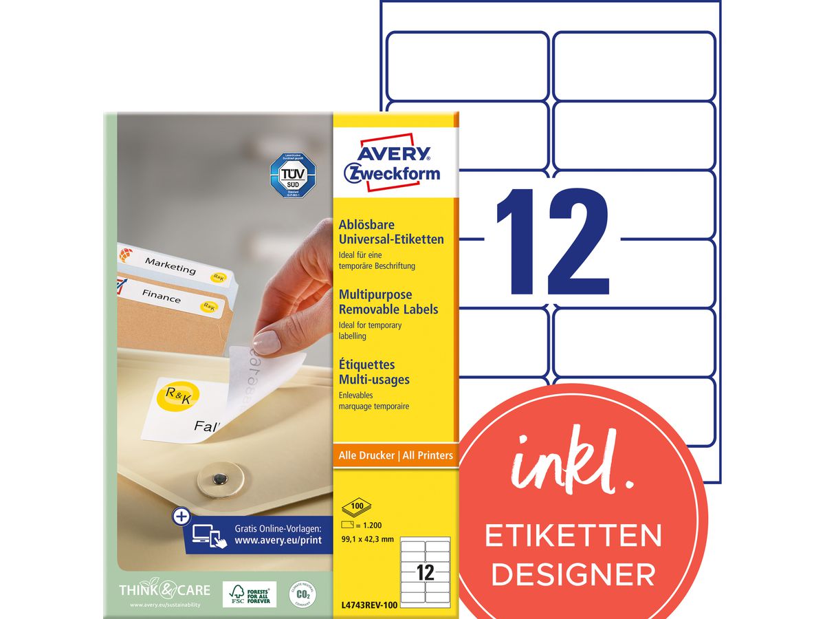 AVERY ZWECKFORM Universaletiketten 99,1x42,3mm L4743REV-100 weiss,non-perm. 1200St./10 B. (4004182433317)