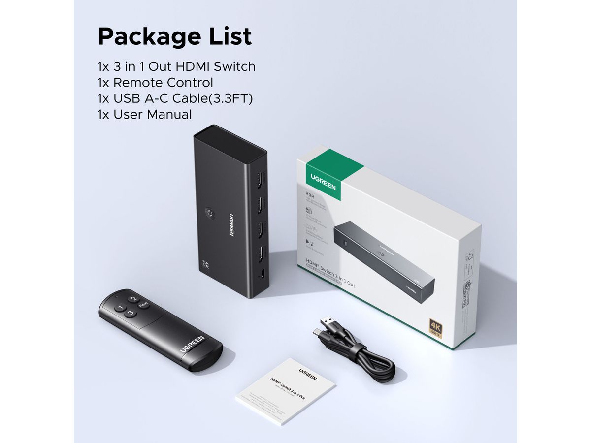 UGREEN HDMI Switch 3 In 1 Out 4K 55857 In 3×HDMI, 1×IR, Out 1×HDMI (6941876258574)