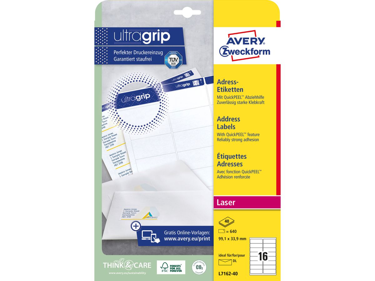 AVERY ZWECKFORM Adressetiketten 99,1x33,9mm L7162-40 weiss 640 Stk./40 Blatt (4004182235218)