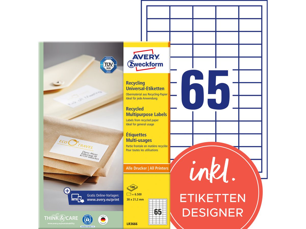 AVERY ZWECKFORM Etichette 38x21,2mm LR3666 recycling 6500 pezzi (4004182035382)