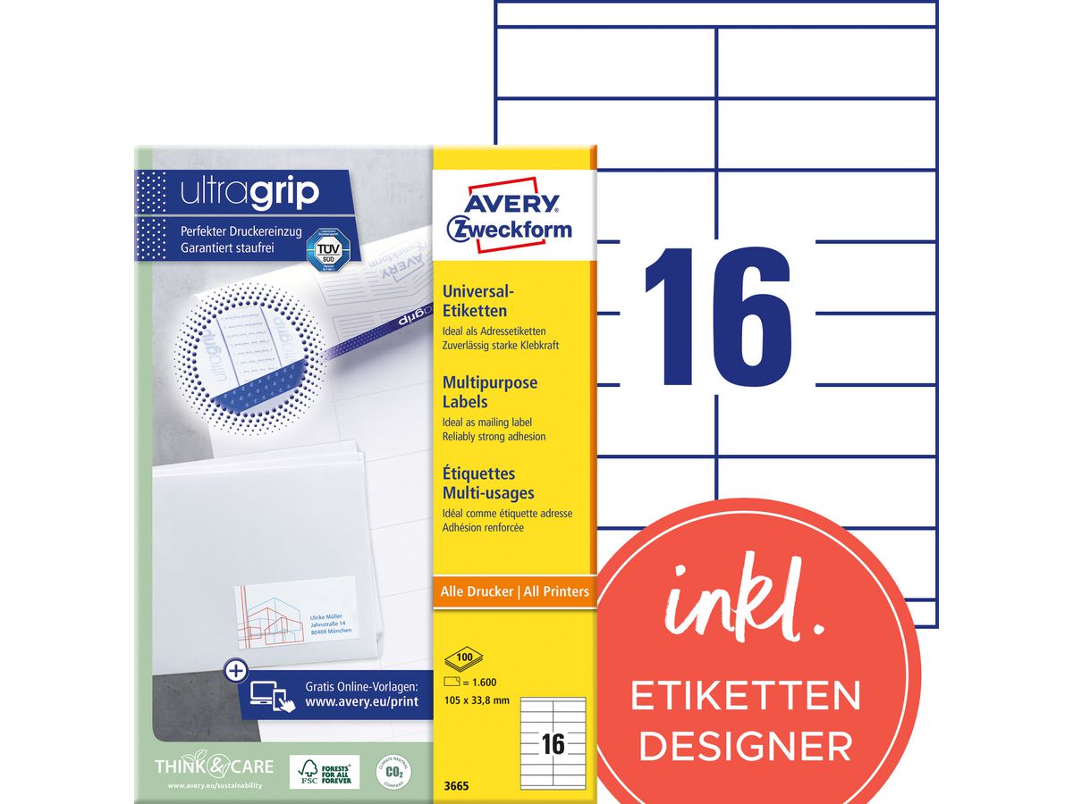 AVERY ZWECKFORM Etiketten 105×33,8mm 3665 weiss 1600 Stk./100 Blatt (4004182036655)