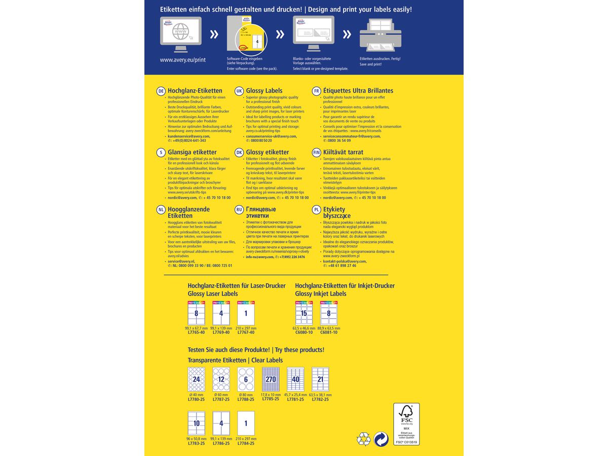 AVERY ZWECKFORM Etiketten A4 L7767-40 weiss, glossy 40 Stück (4004182230251)