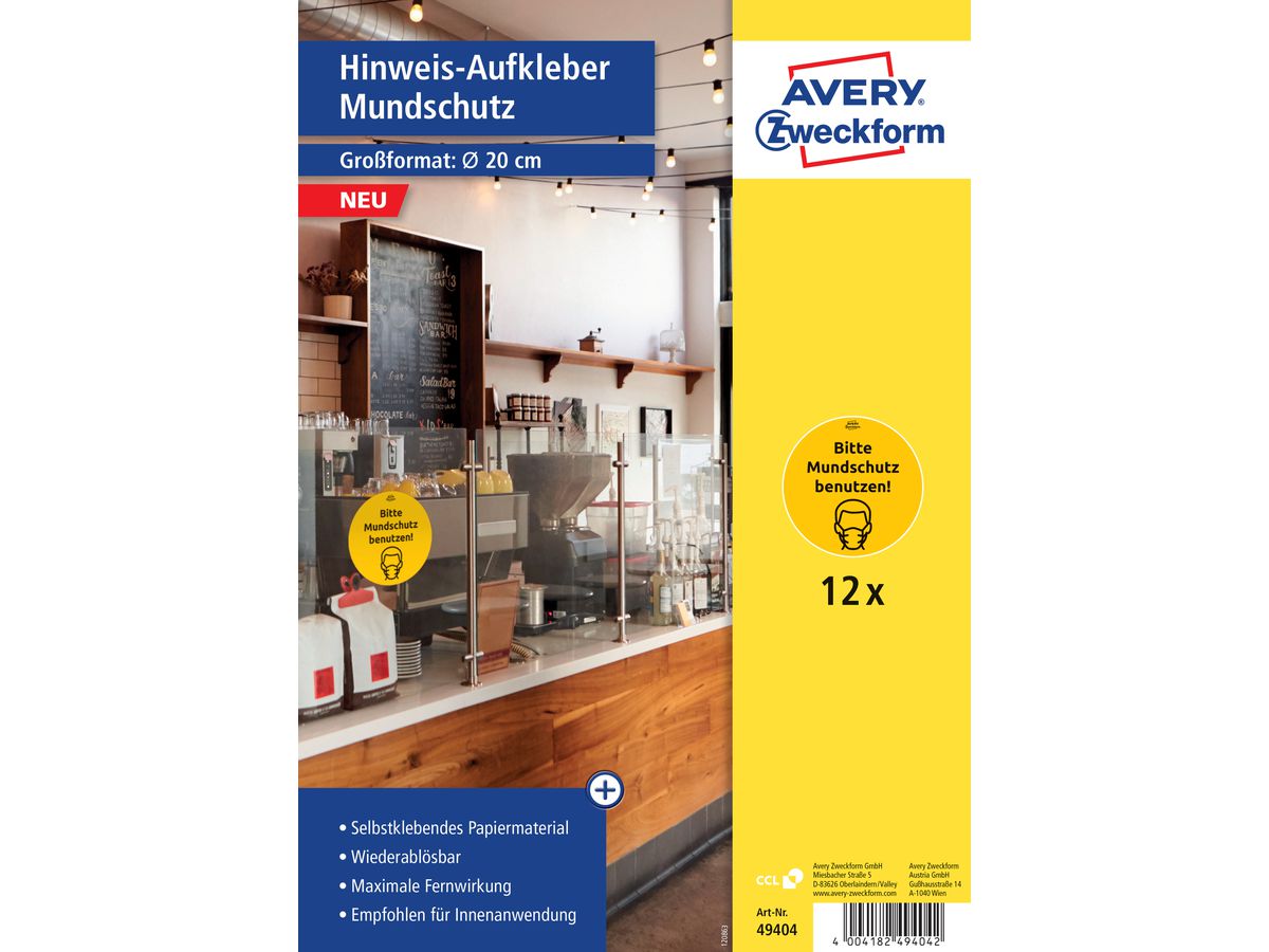 AVERY ZWECKFORM Segno obbligatorio DE 20cm 49404 Mundschutz 12 pezzi (4004182494042)