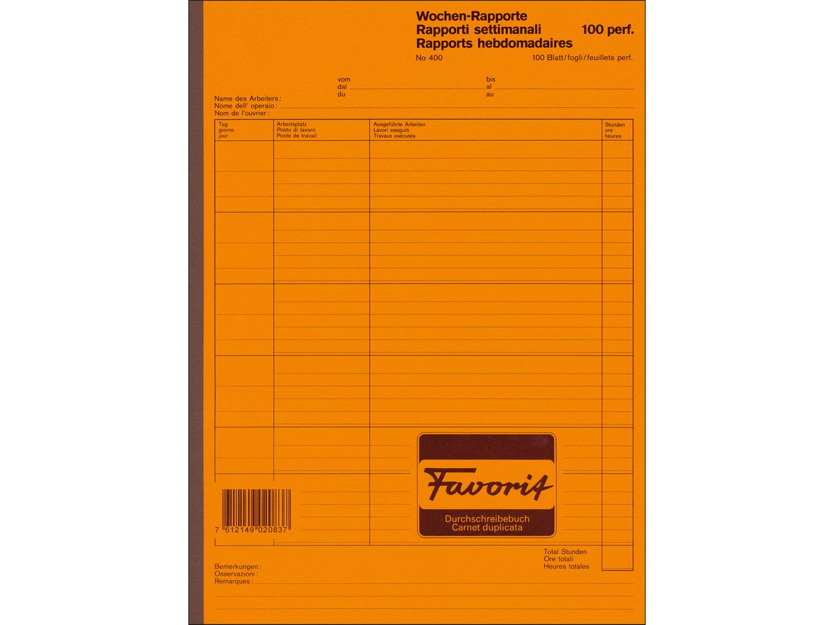 FAVORIT Rapport hebdomadaire D/F/I A4 400 blanc 100 feuilles (7612149020837)