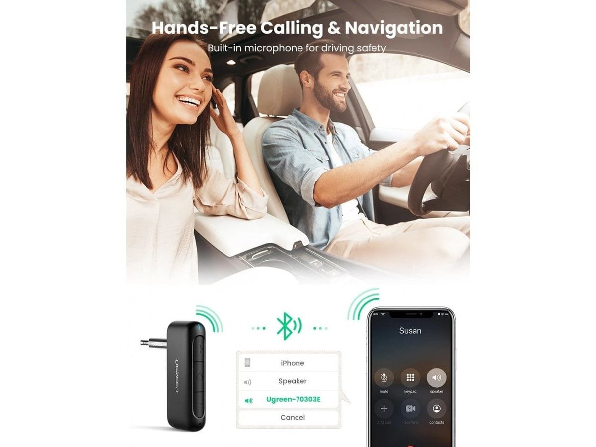 UGREEN Car BT 5.0 Receiver 70303 Audio Adaper 3.5mm AUX,Bl.(BB) (6957303873036)