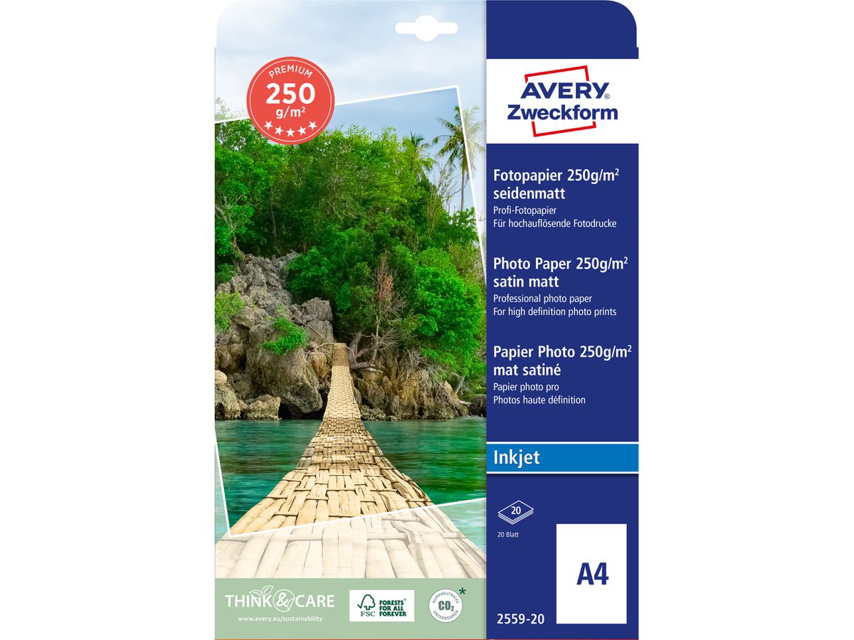 AVERY ZWECKFORM InkJet Photo Paper A4 2559-20 250g,matt, blanc 20 feuilles (4004182410165)