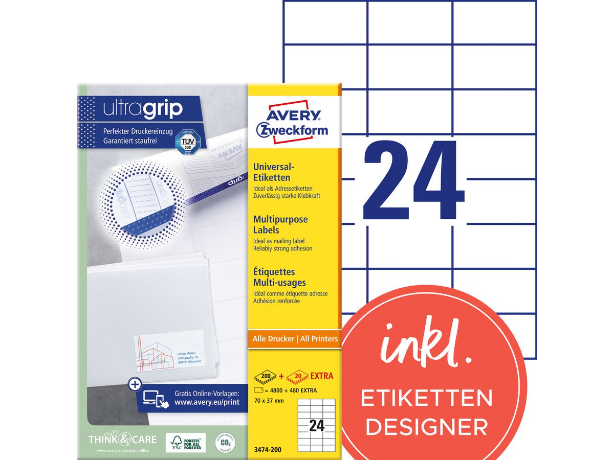 AVERY ZWECKFORM Etichette universali 70x37mm 3474-200 bianco 5280 pz./200+20 fogli (4004182249512)