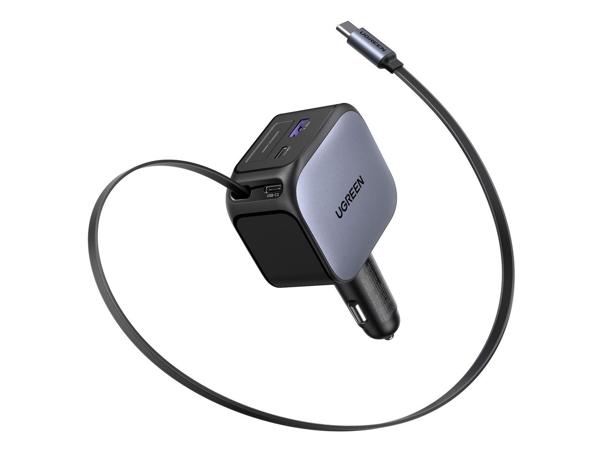 UGREEN Fast Car Charger 2-Port 145W 55910B Retractable Cable (6941876271405)