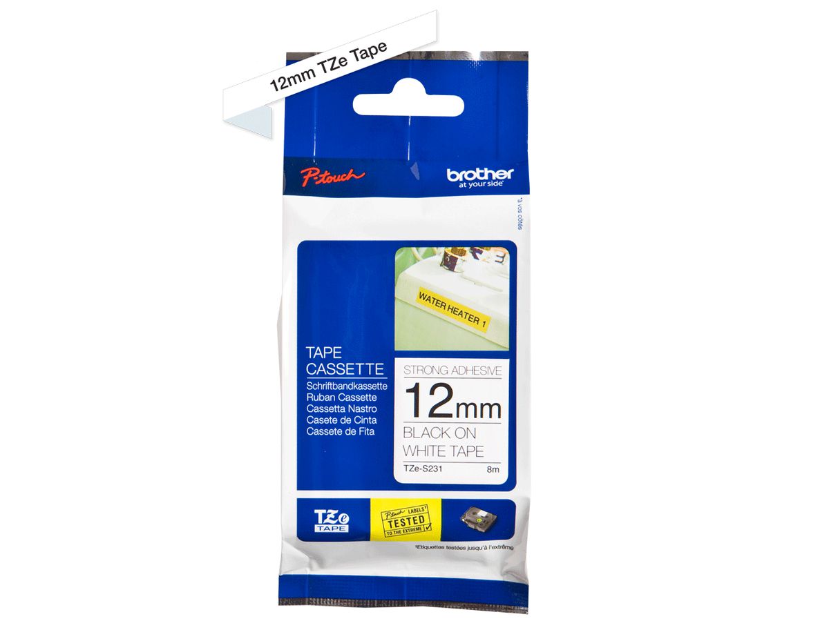 PTOUCH Nastro, strong/adh.nero/bianco TZe-S231 PT-300 12 mm (4977766695596)