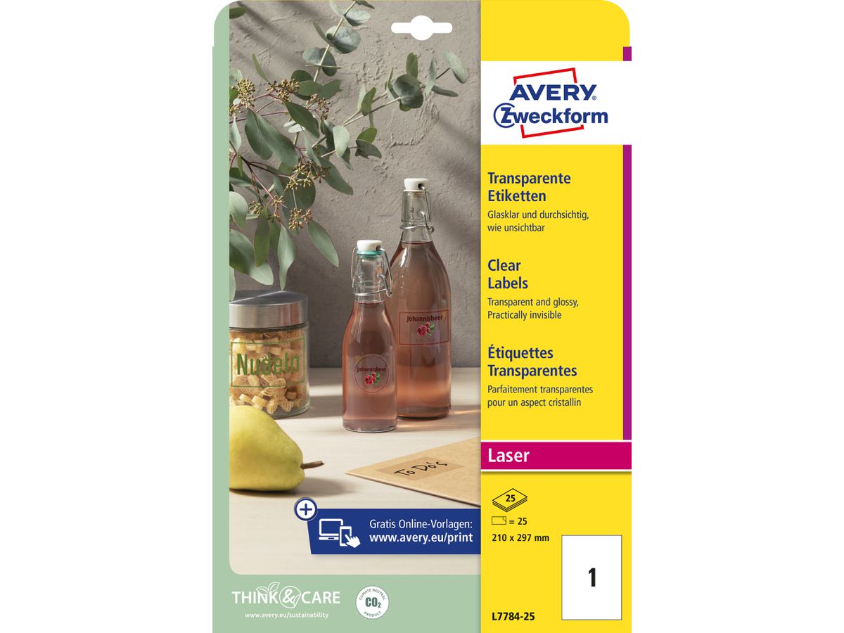 AVERY ZWECKFORM Etiketten 210x297mm L7784-25 transparent 25 Stück (4004182252567)