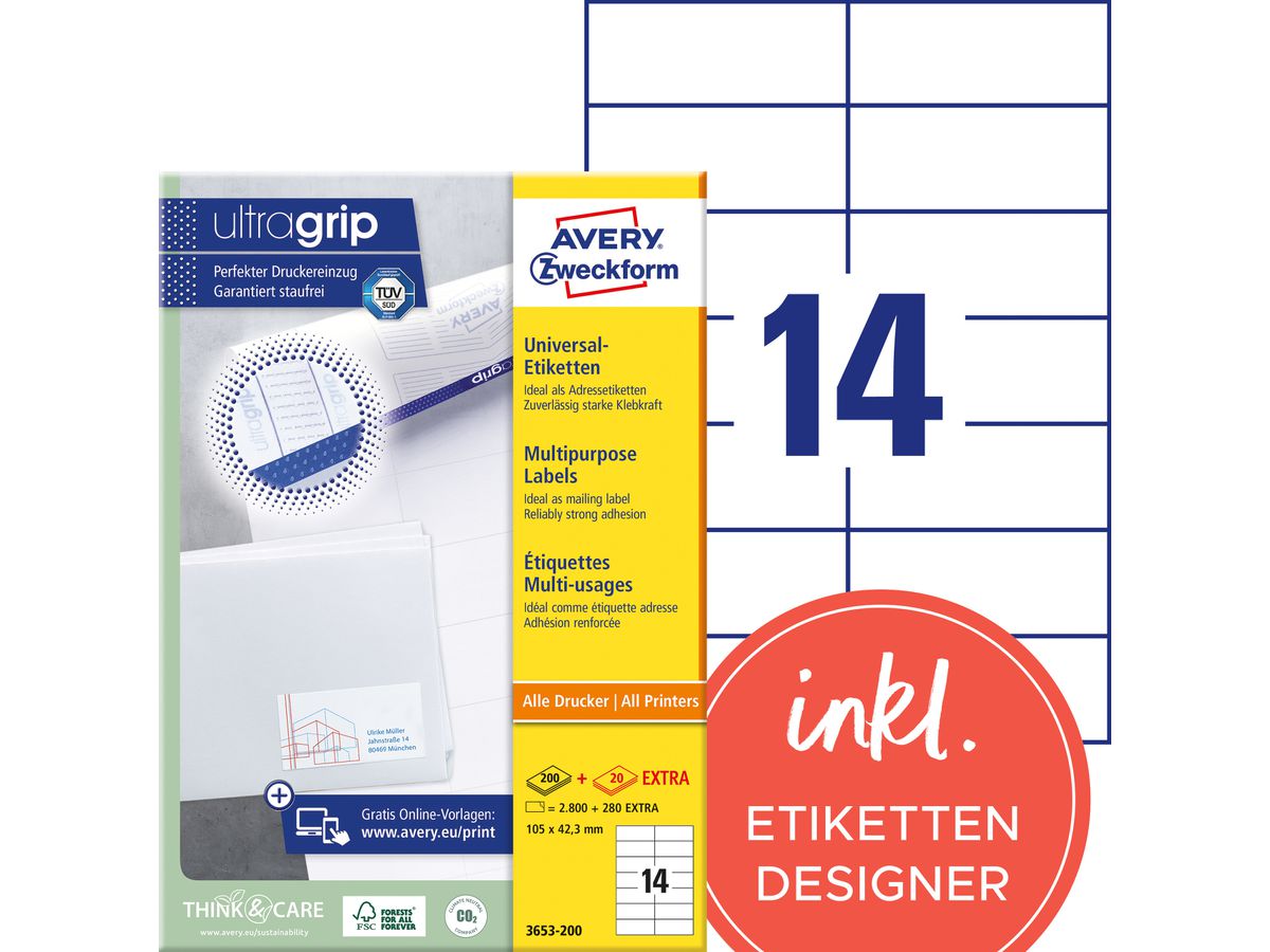 AVERY ZWECKFORM Etiquettes 105x42,3mm 3653-200 blanc 3080 pcs./200+20 flls. (4004182249574)