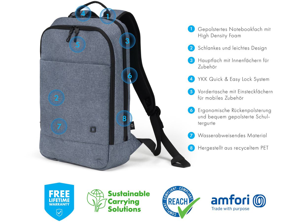 DICOTA Eco Backpack Slim MOTION D32016-RPET 13-14.1 inch Blue Denim (7640239420830)